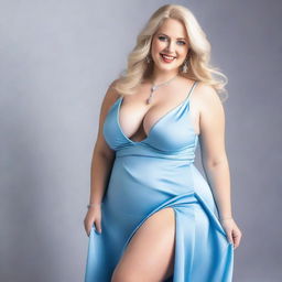 A full-body shot of a happy, curvy blonde woman with very large breasts and deep cleavage, wearing a light blue gown with a choker