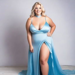 A full-body shot of a happy, curvy blonde woman with very large breasts and deep cleavage, wearing a light blue gown with a choker