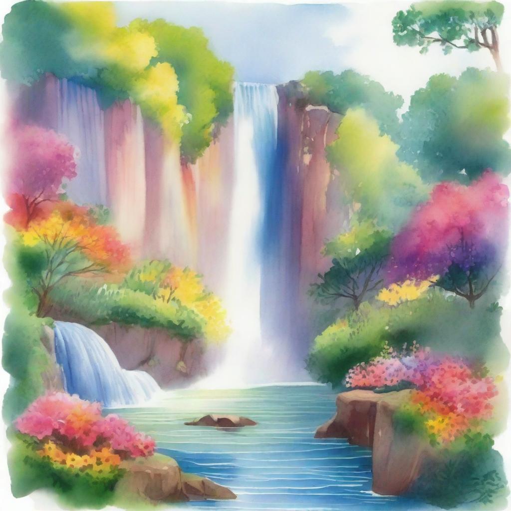 A beautiful watercolor painting of a rainbow arching over a majestic waterfall