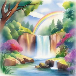 A beautiful watercolor painting of a rainbow arching over a majestic waterfall