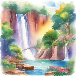 A beautiful watercolor painting of a rainbow arching over a majestic waterfall