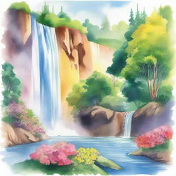 A beautiful watercolor painting of a rainbow arching over a majestic waterfall