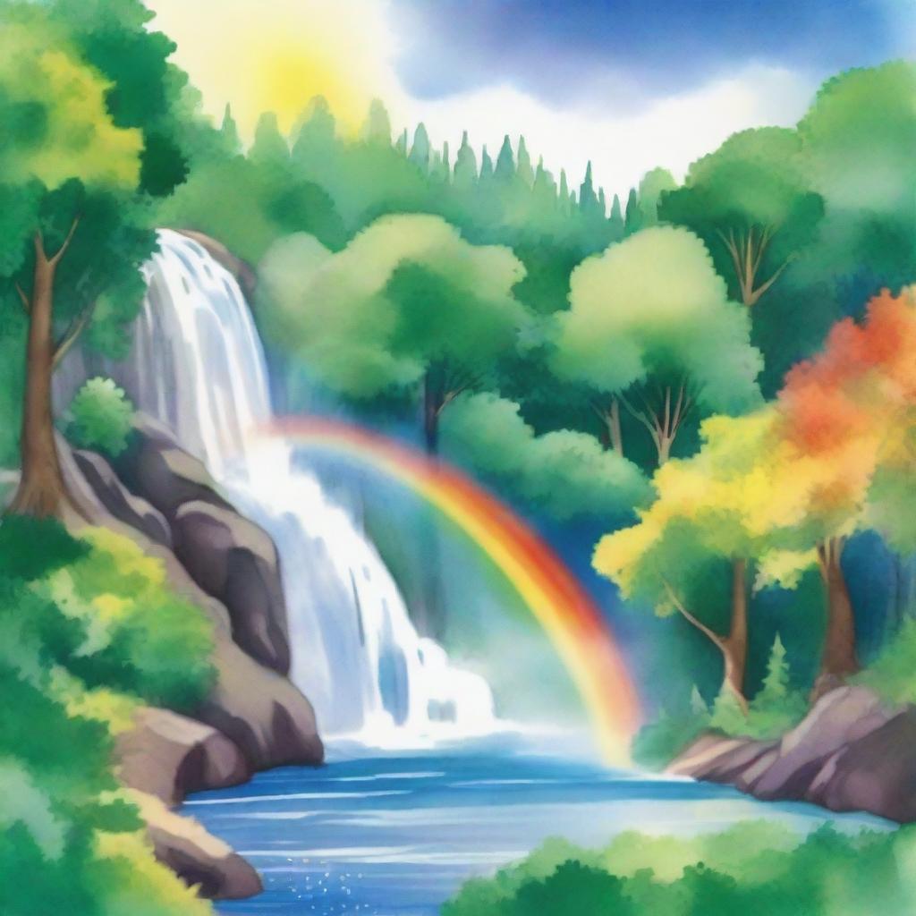 A beautiful watercolor illustration of a rainbow arching over a cascading waterfall, set in a lush, green forest