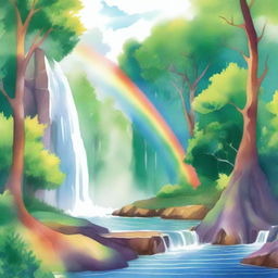 A beautiful watercolor illustration of a rainbow arching over a cascading waterfall, set in a lush, green forest