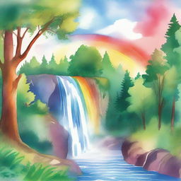 A beautiful watercolor illustration of a rainbow arching over a cascading waterfall, set in a lush, green forest