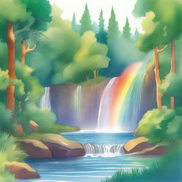 A beautiful watercolor illustration of a rainbow arching over a cascading waterfall, set in a lush, green forest