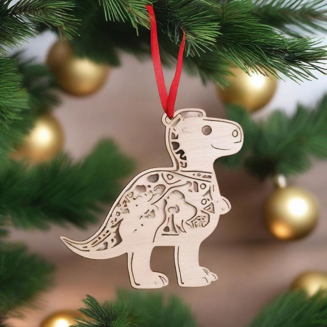 A cute dinosaur designed as a wooden lasercut hanging ornament for Christmas