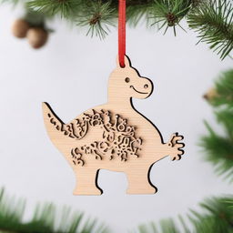 A cute dinosaur designed as a wooden lasercut hanging ornament for Christmas