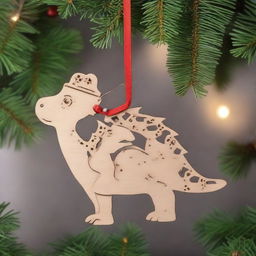 A cute dinosaur designed as a wooden lasercut hanging ornament for Christmas