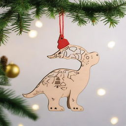 A cute dinosaur designed as a wooden lasercut hanging ornament for Christmas