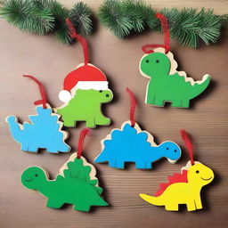 Create an image of cute dinosaur wood ornaments for Christmas