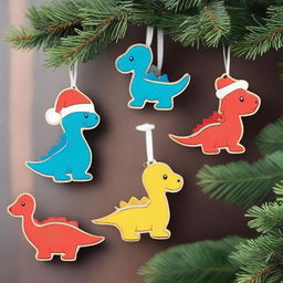 Create an image of cute dinosaur wood ornaments for Christmas