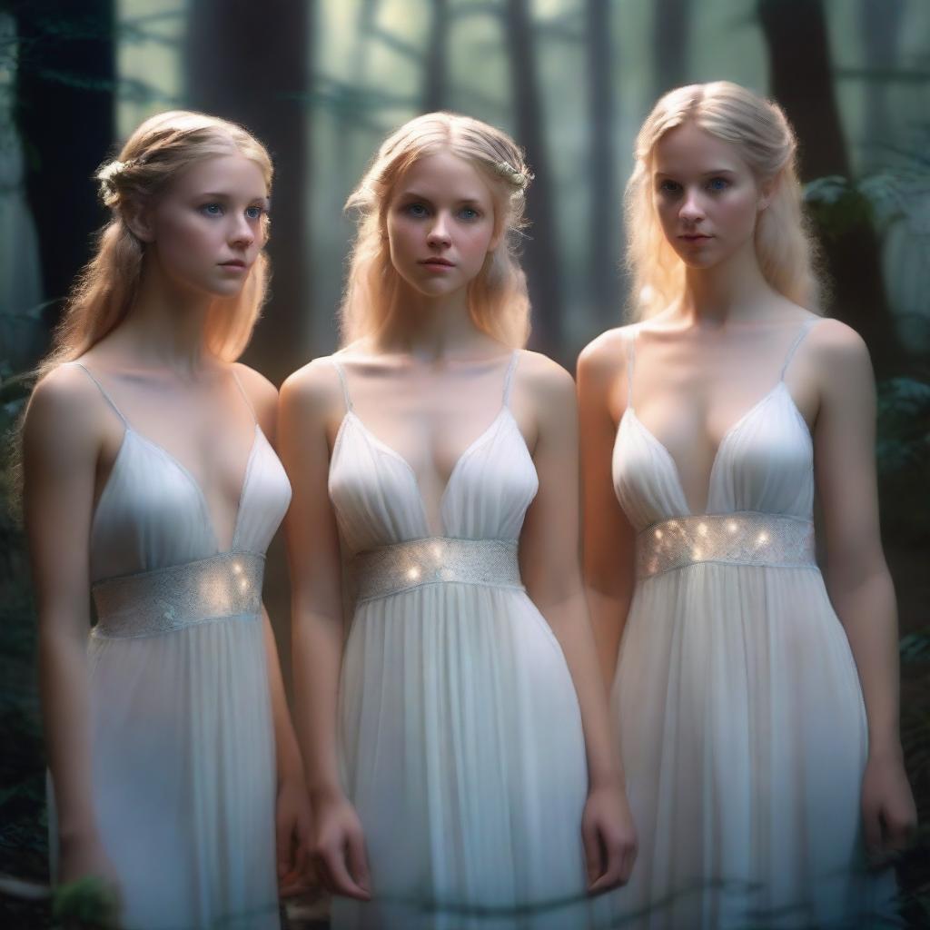 A high-quality photorealistic image of three athletic women with elf-like features, including blonde and dark hair, and blue eyes