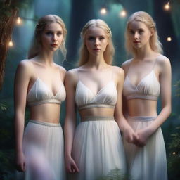 A high-quality photorealistic image of three athletic women with elf-like features, including blonde and dark hair, and blue eyes