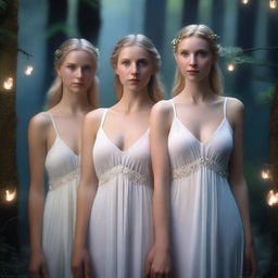 A high-quality photorealistic image of three athletic women with elf-like features, including blonde and dark hair, and blue eyes