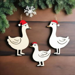 Create an image of cute goose wood ornaments for Christmas