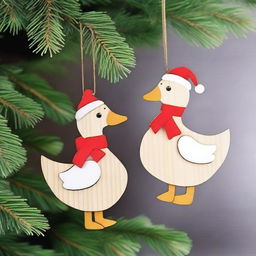 Create an image of cute goose wood ornaments for Christmas