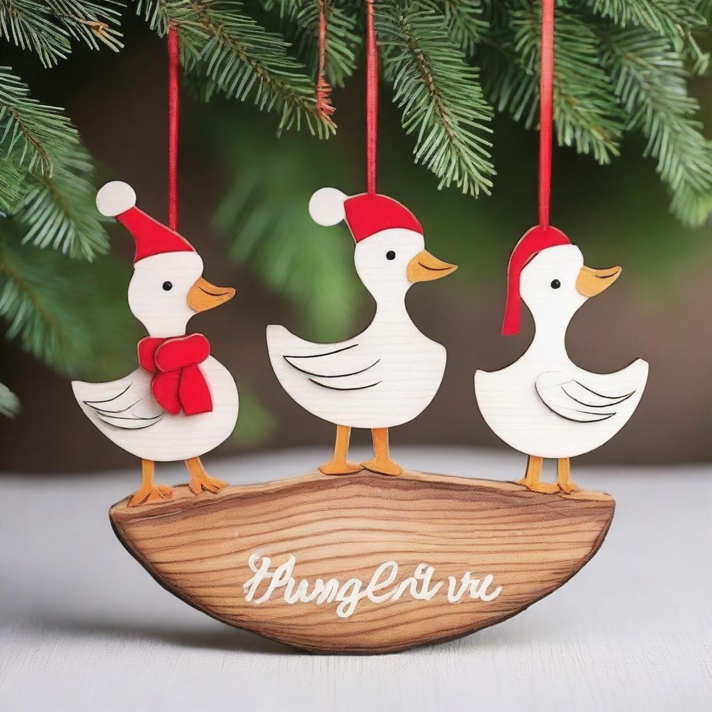 Create an image of cute goose wood ornaments for Christmas