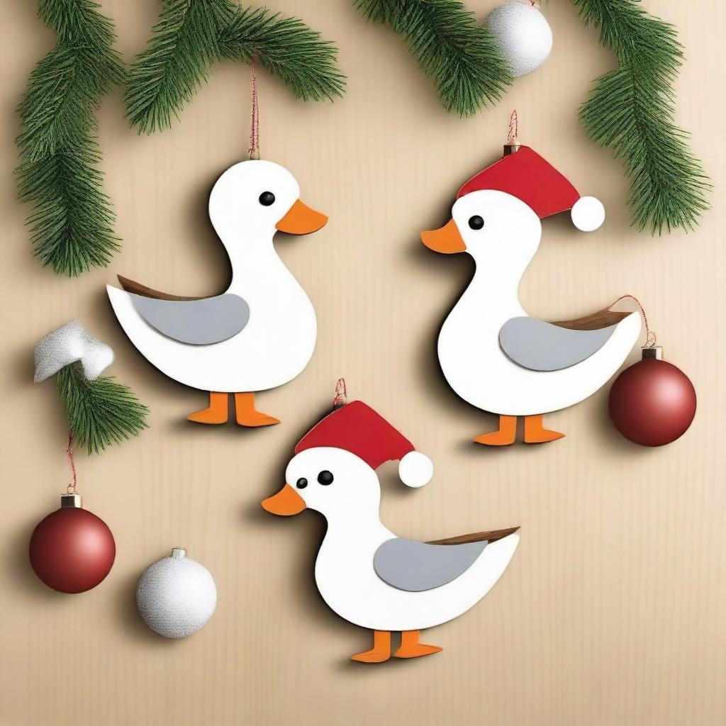 Create an image of cute goose wood ornaments for Christmas