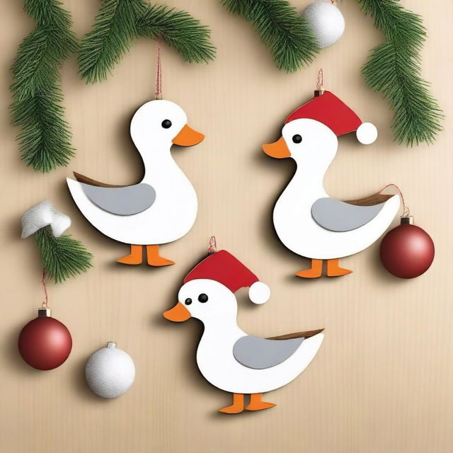 Create an image of cute goose wood ornaments for Christmas
