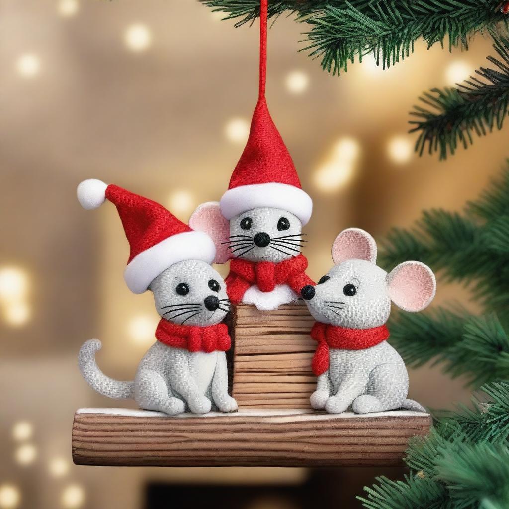 Create an image of cute mouse wood ornaments for Christmas on a chimney