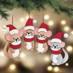 Create an image of cute mouse wood ornaments for Christmas on a chimney