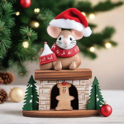 Create an image of cute mouse wood ornaments for Christmas on a chimney