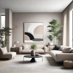 A modern and elegant interior design featuring minimalist furniture, clean lines, and a neutral color palette