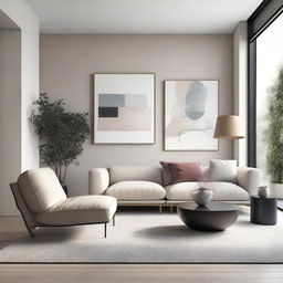 A modern and elegant interior design featuring minimalist furniture, clean lines, and a neutral color palette