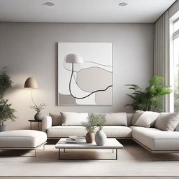 A modern and elegant interior design featuring minimalist furniture, clean lines, and a neutral color palette