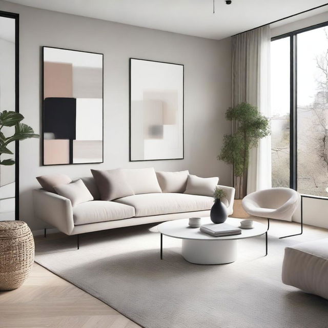 A modern and elegant interior design featuring minimalist furniture, clean lines, and a neutral color palette