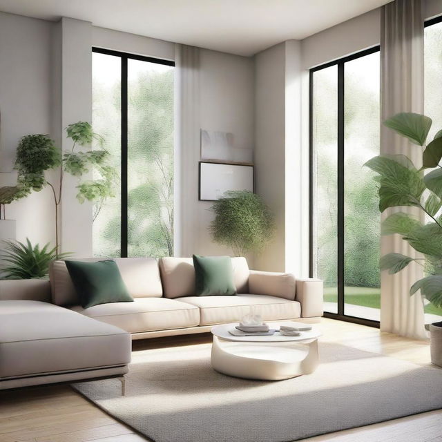 A detailed interior design rendering of a modern living room