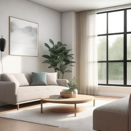 A detailed interior design rendering of a modern living room