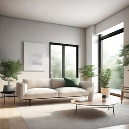 A detailed interior design rendering of a modern living room