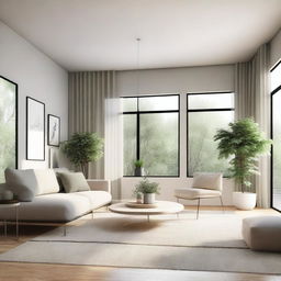 A detailed interior design rendering of a modern living room