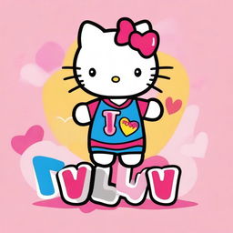 A cute and cheerful Hello Kitty wearing a shirt that says 'I love Viv'