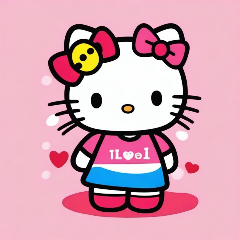 A cute and cheerful Hello Kitty wearing a shirt that says 'I love Viv'