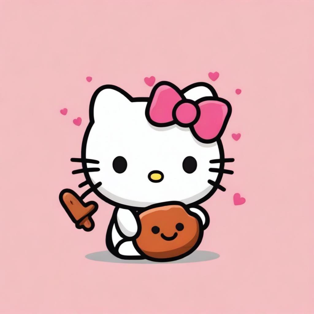 A cute and cheerful Hello Kitty holding a poop emoji with a playful expression