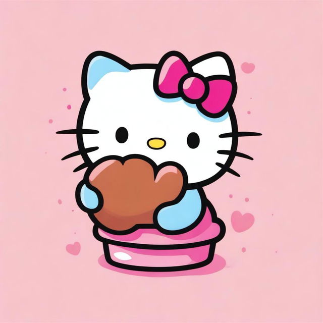 A cute and cheerful Hello Kitty holding a poop emoji with a playful expression