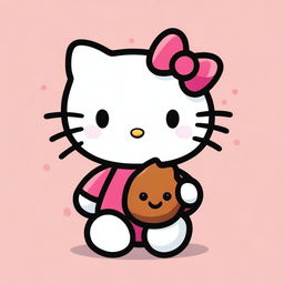 A cute and cheerful Hello Kitty holding a poop emoji with a playful expression