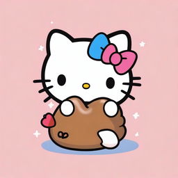 A cute and cheerful Hello Kitty holding a poop emoji with a playful expression