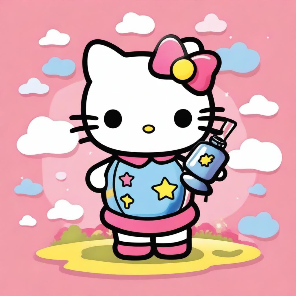 A cute and cheerful Hello Kitty holding a cartoonish bomb with a playful expression