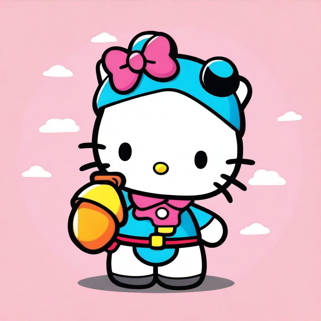 A cute and cheerful Hello Kitty holding a cartoonish bomb with a playful expression