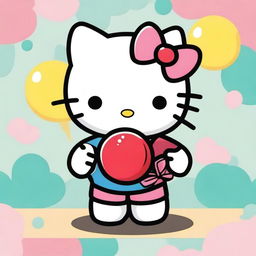 A cute and cheerful Hello Kitty holding a cartoonish bomb with a playful expression