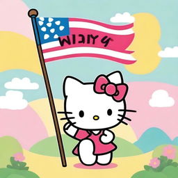 A cute and cheerful Hello Kitty holding a flag that says 'Viv' with a joyful expression