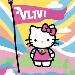 A cute and cheerful Hello Kitty holding a flag that says 'Viv' with a joyful expression