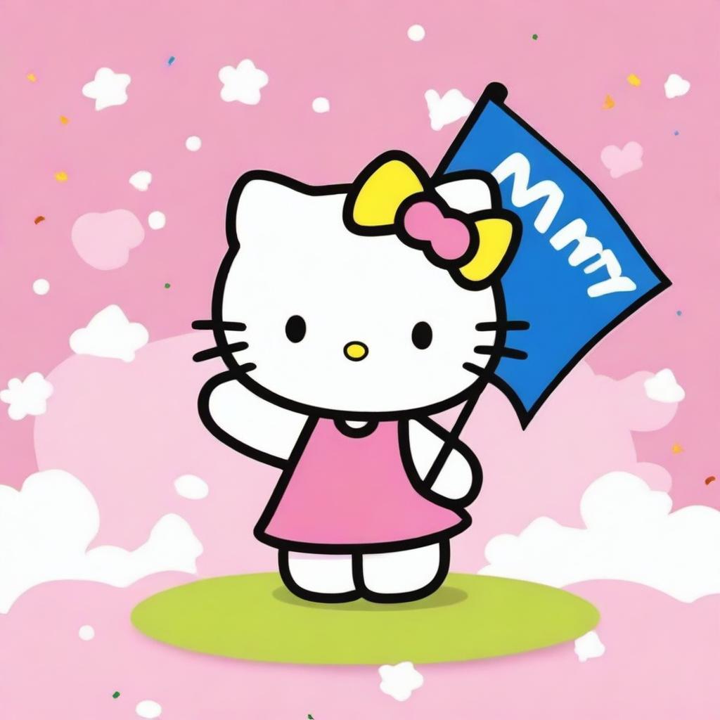 A cute and cheerful Hello Kitty holding a flag that says 'Viv' with a joyful expression