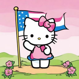 A cute and cheerful Hello Kitty holding a flag that says 'Viv' with a joyful expression