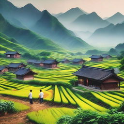 A nostalgic scene depicting the 'Up to the Mountains and Down to the Countryside Movement' in China