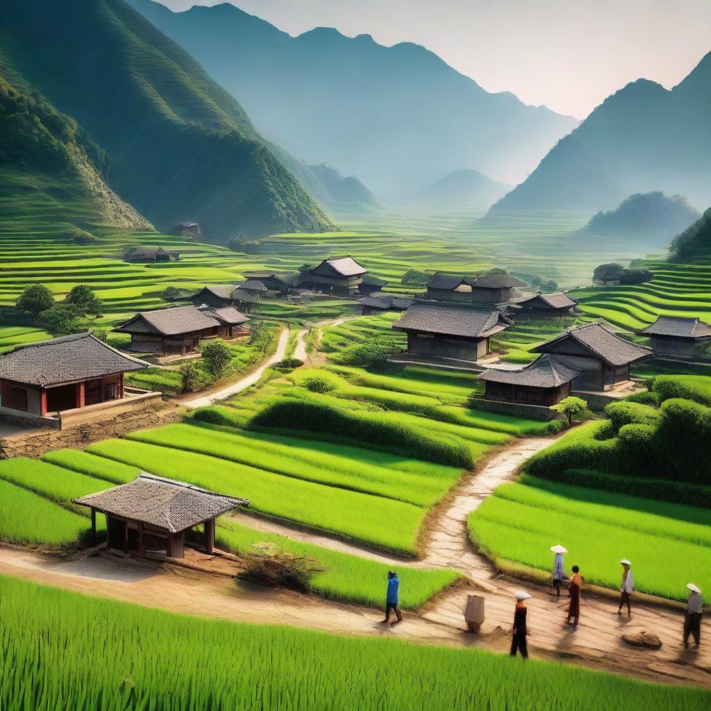 A nostalgic scene depicting the 'Up to the Mountains and Down to the Countryside Movement' in China